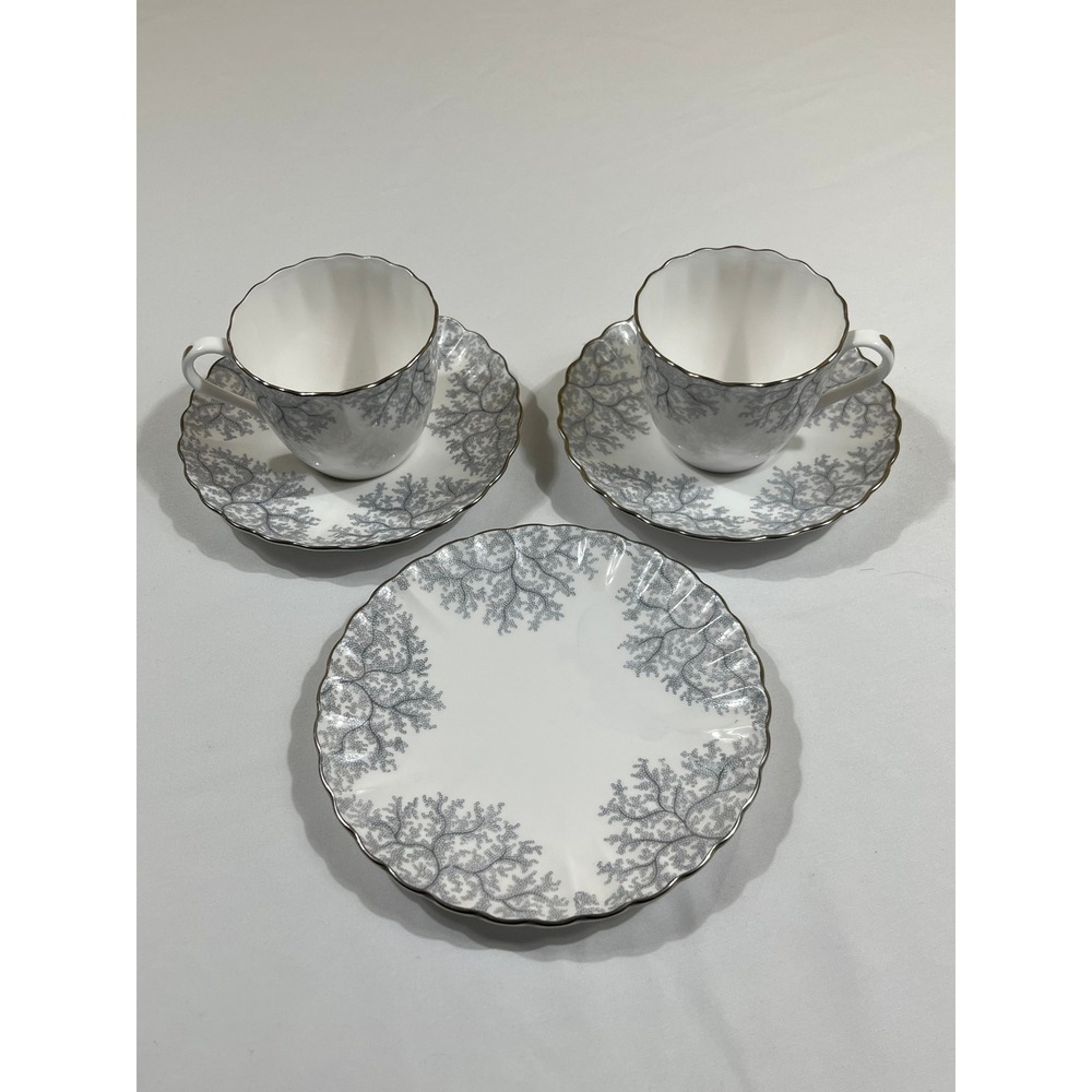 Spode Tea Set White Grey Filigree Bone China England Y7562 5pc